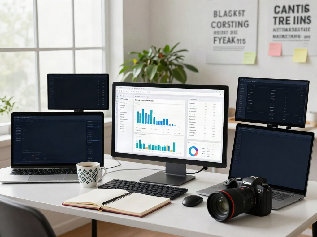 AI content generation for content marketers in a modern digital workspace with analytics and creativity.