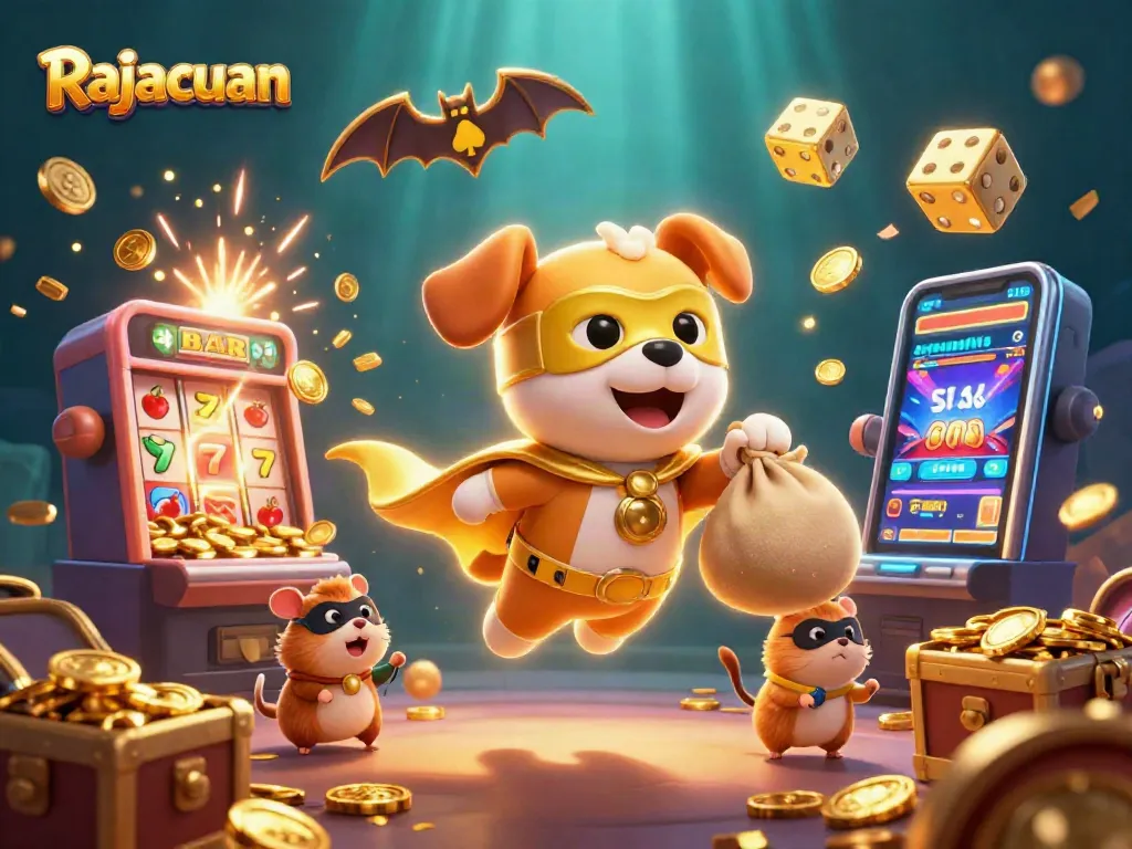 Experience Rajacuan's thrill with a 3D cartoon scene showcasing a superhero dog and casino elements.