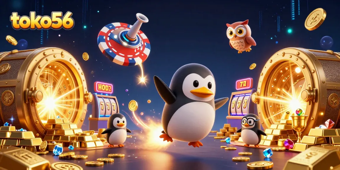 Penguin emas toko56 meluncur di luar angkasa, dikelilingi simbol slot dan tumpukan emas.