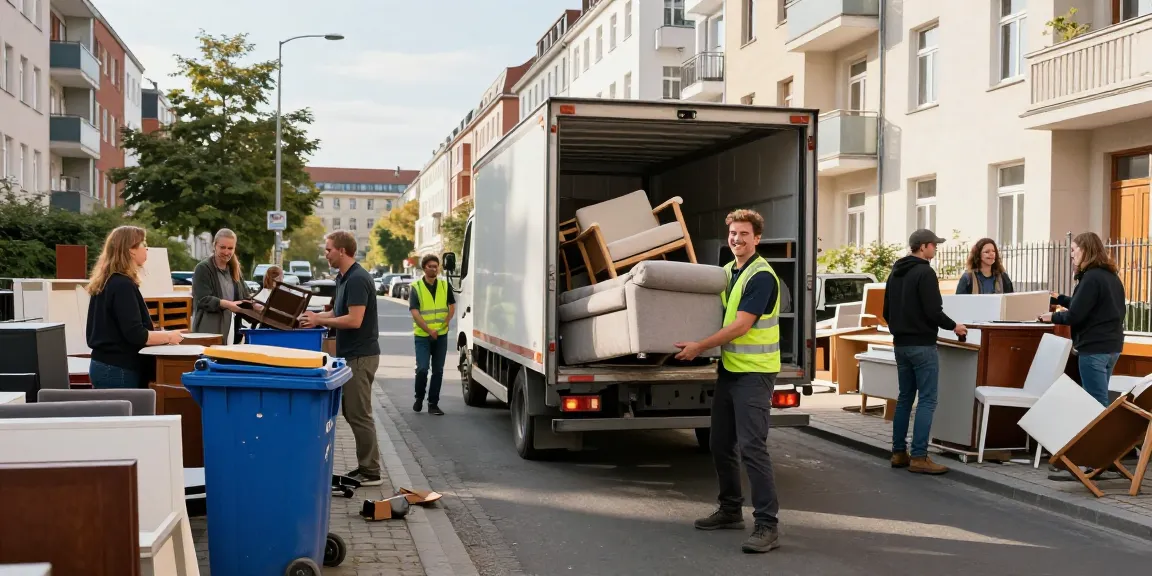 Sperrmüllabholung 80 Euro Berlin team efficiently disposing of furniture in an urban setting.