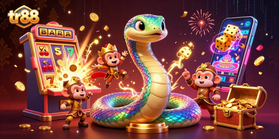 Experience the thrilling tr88 jackpot action with a colorful scene of a cartoony serpent and monkey king.