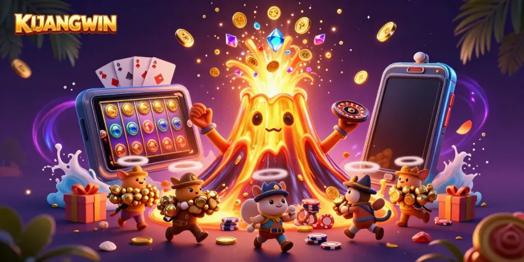 Gali jackpot dan kemenangan slot terbaik di KIJANGWIN dengan ilustrasi 3D berwarna-warni.