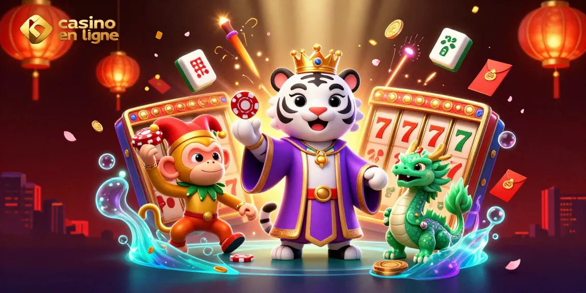 Expérimentez l'univers du casino en ligne avec une illustration vibrante de personnages et de jeux.