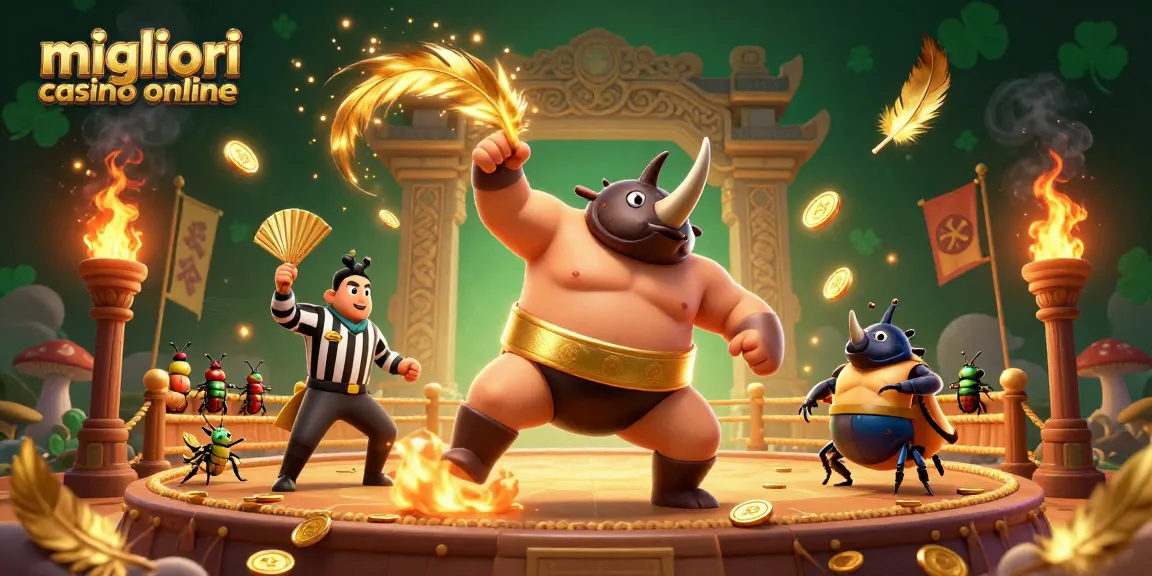 Migliori casino online: scena vibrante con un campione di sumo e referee all'insegna dell'azione.