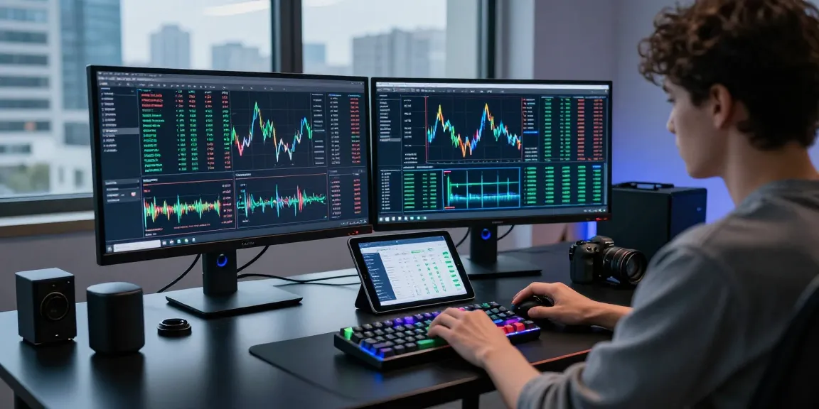 Dynamic cryptocurrency trading desk featuring a crypto ticker display on dual monitors, showcasing live market data.