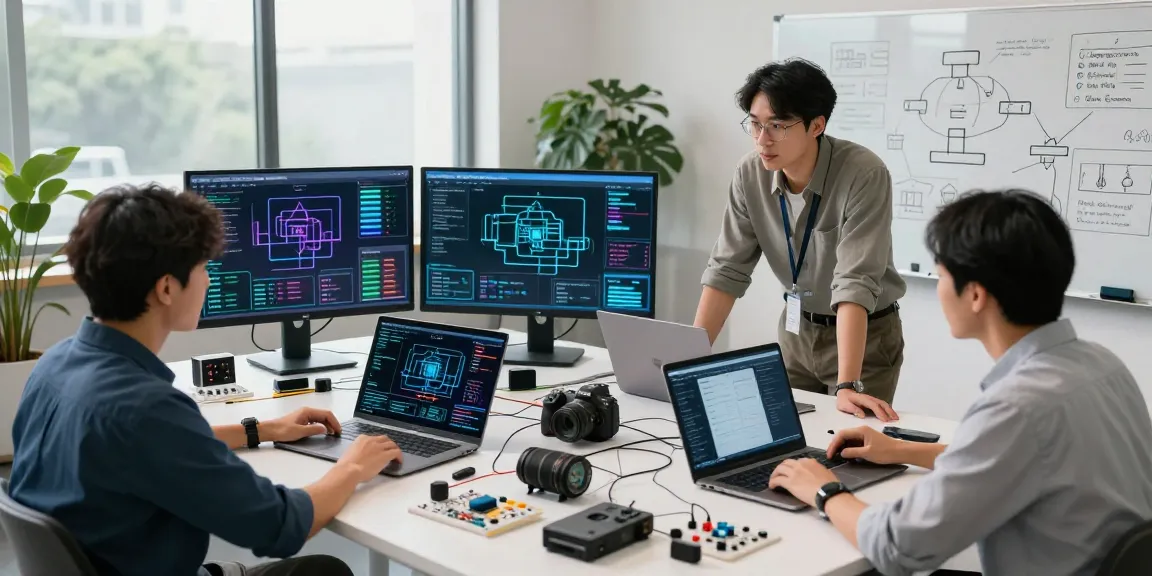 How to design an IoT system with engineers collaborating on prototypes and digital tools in a modern workspace.