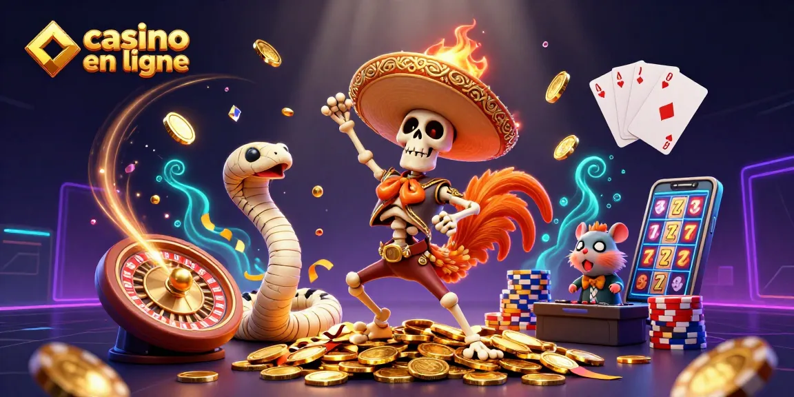 Profitez du casino en ligne avec des jeux de dés, un rooster mariachi et des éléments de jeu captivants.