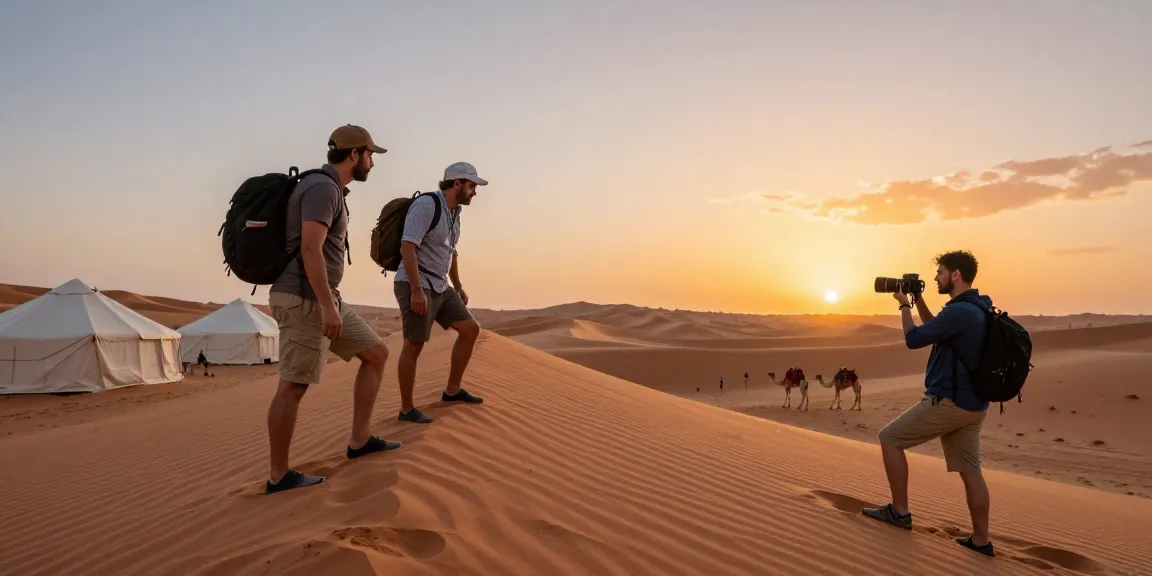 Travelers exploring a stunning desert landscape at sunset with dunes and traditional tents, capturing the spirit of adventure.