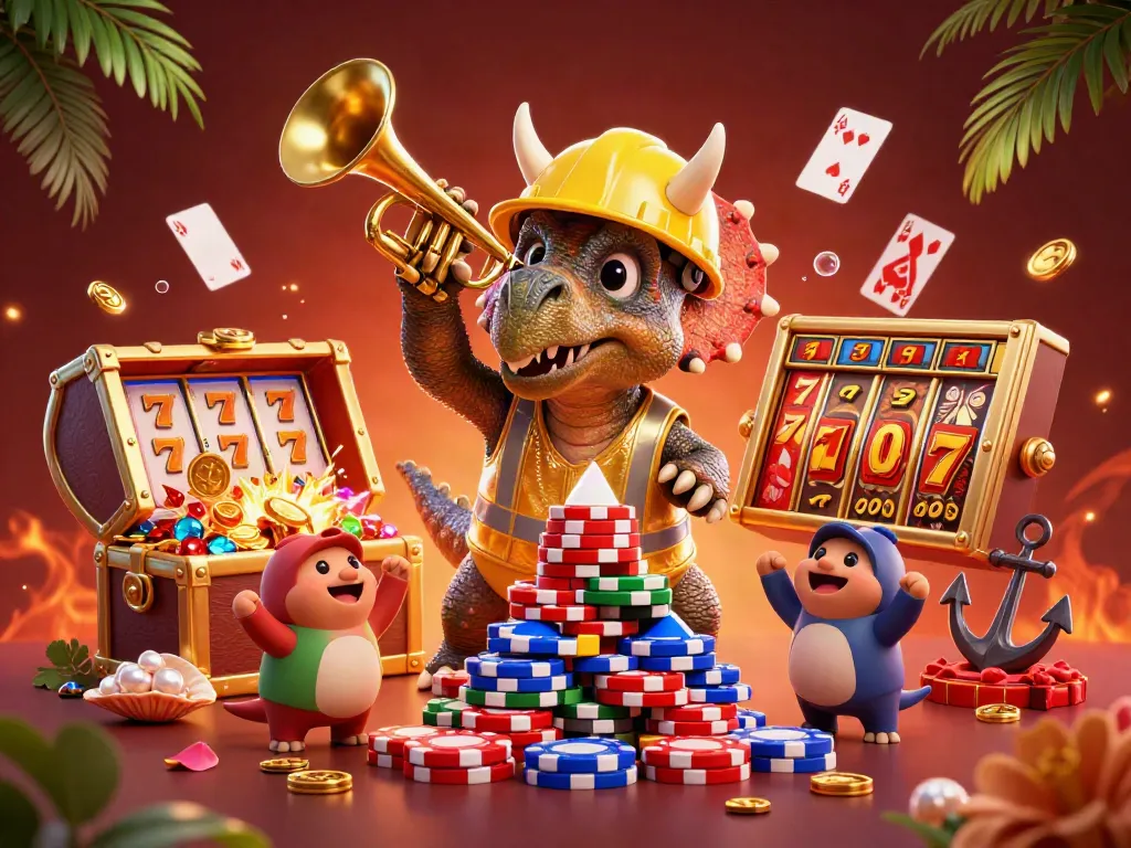 Permainan slot88 yang seru dengan dinosaurus membangun tumpukan chip poker sambil merayakan keberuntungan.