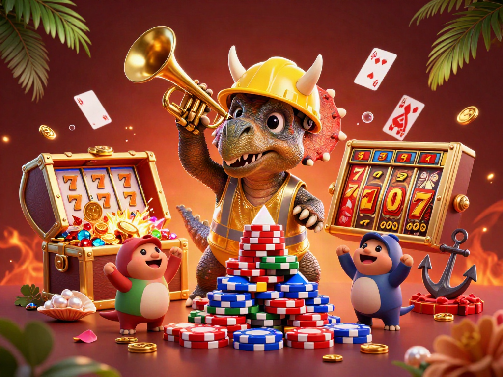 Permainan slot88 yang seru dengan dinosaurus membangun tumpukan chip poker sambil merayakan keberuntungan.