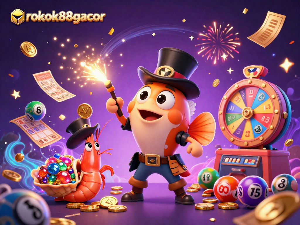 Engage with rokok88gacor in this vibrant scene featuring lucky characters and casino elements.