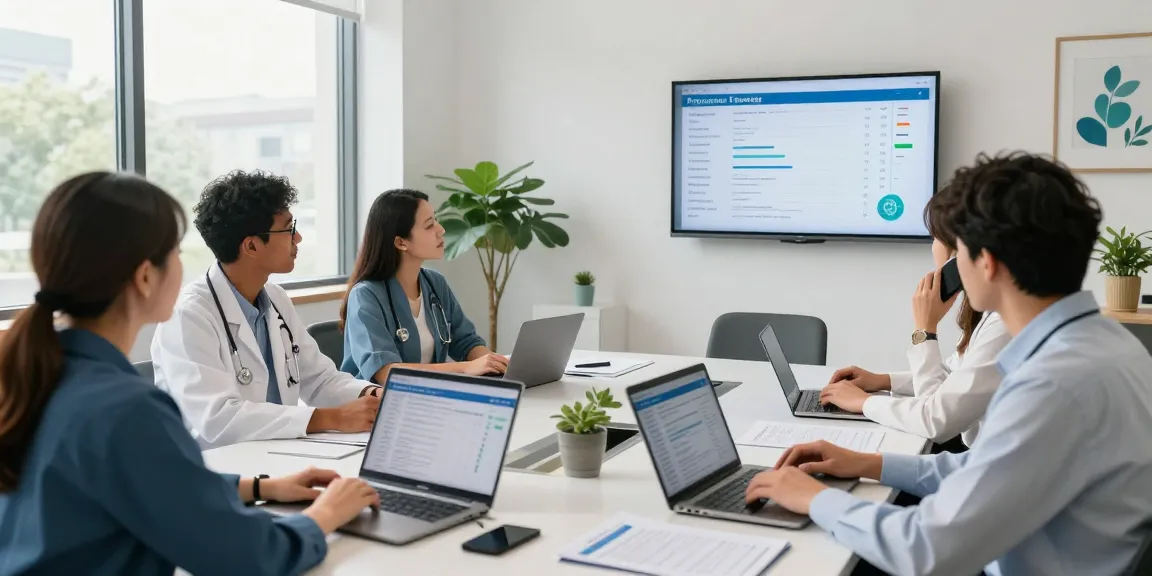 Sovereign Revenue empowered healthcare team discussing billing strategies in a modern office.