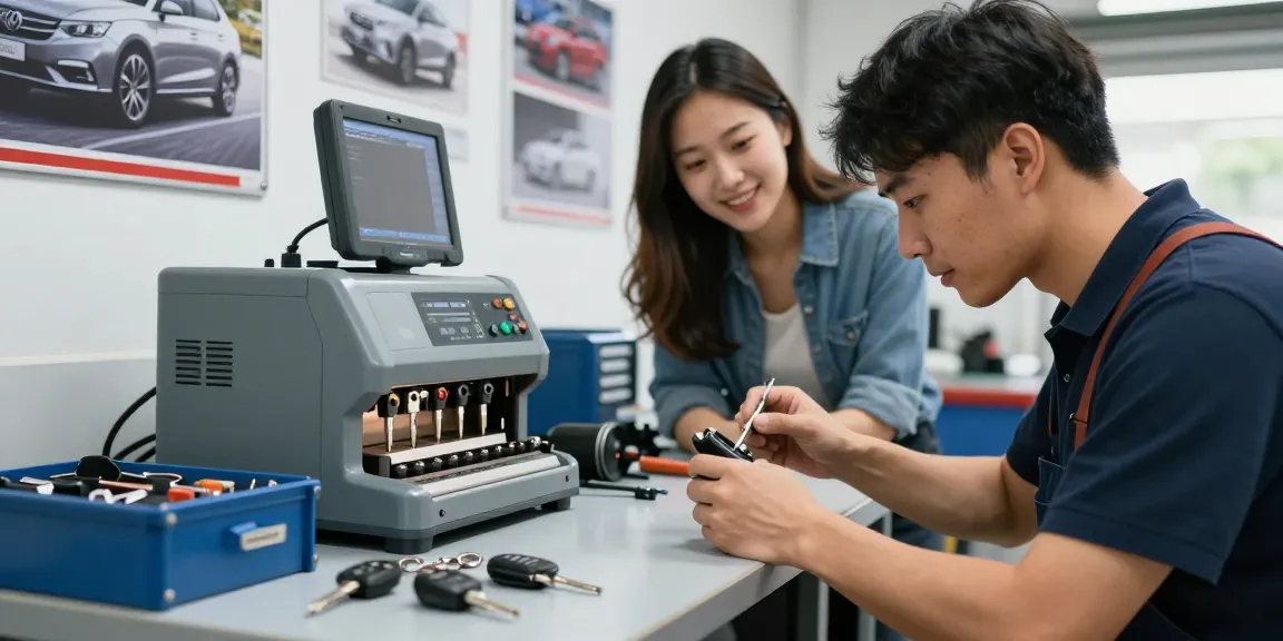 Autosleutel Stuurslot vervangen by expert locksmith in a modern workshop, showcasing tools and customer satisfaction.