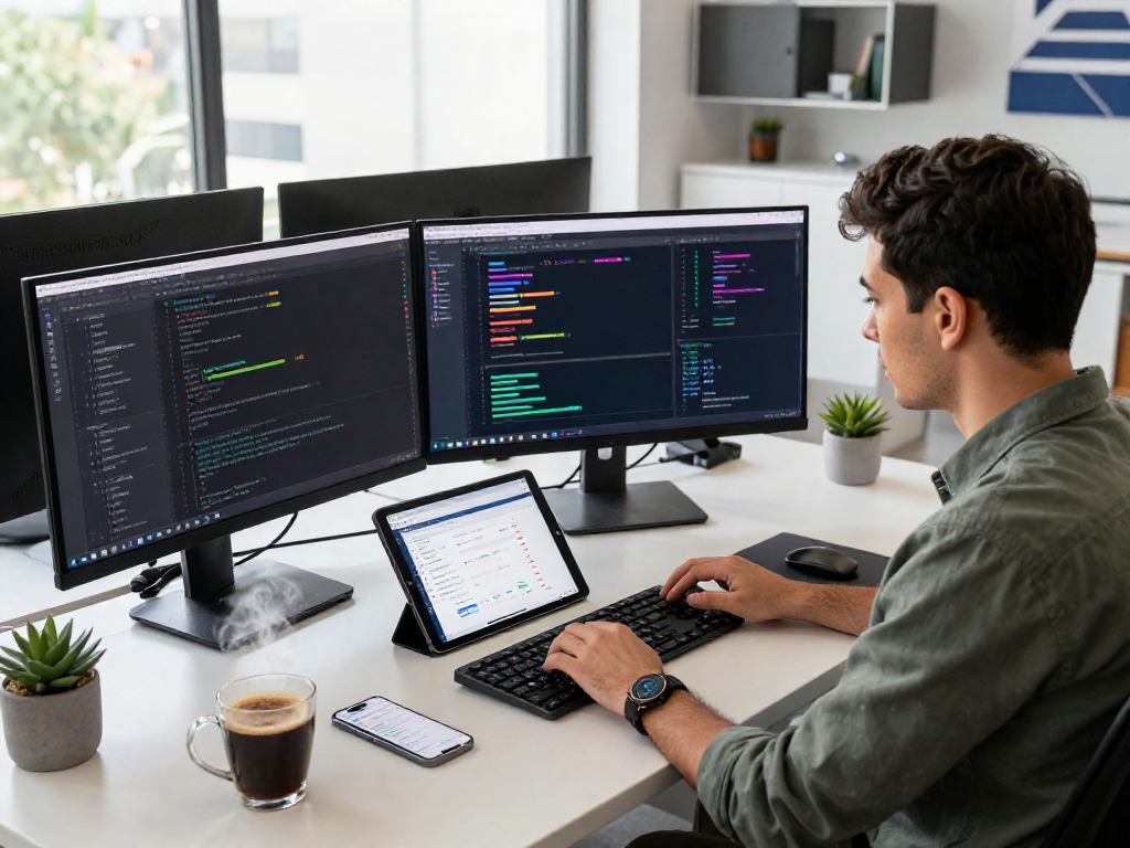 Developer at https://koperasisantun.com/ in a modern office with screens displaying colorful code and tech gadgets.