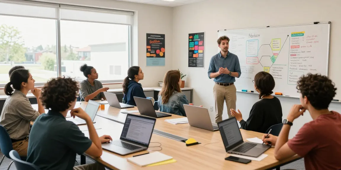 Nathan Garries facilitating an engaging learning workshop with diverse participants in a bright classroom.