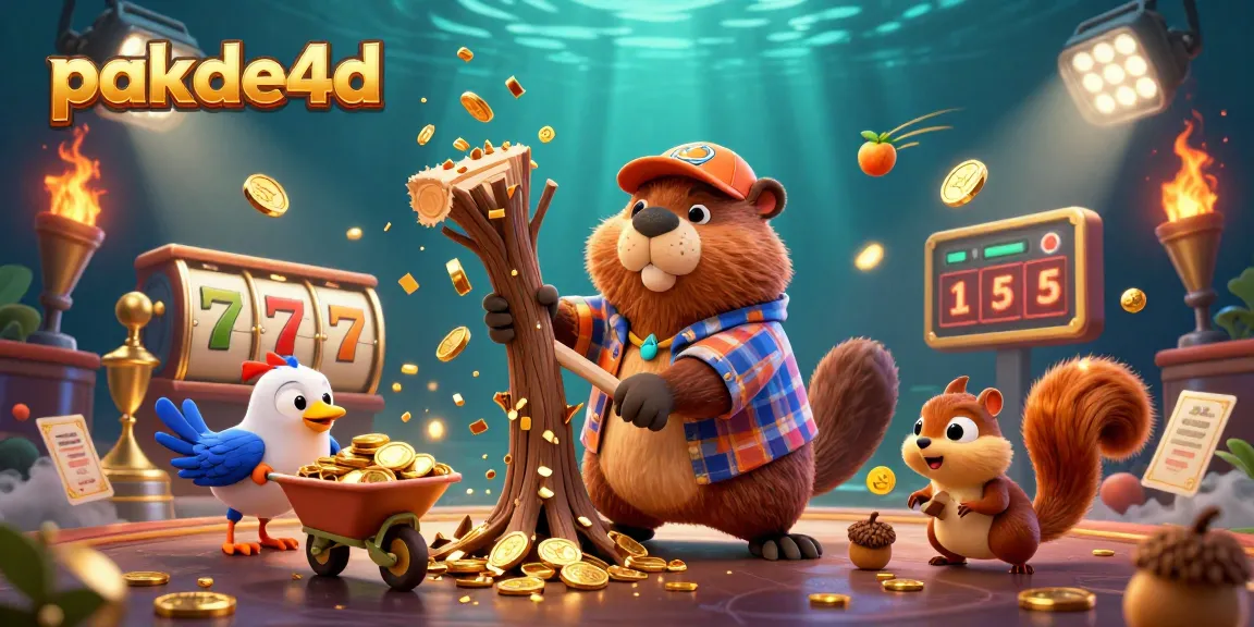 Experience exciting wins with pakde4d through a vibrant 3D illustration featuring a beaver and friends amidst a rain of coins.