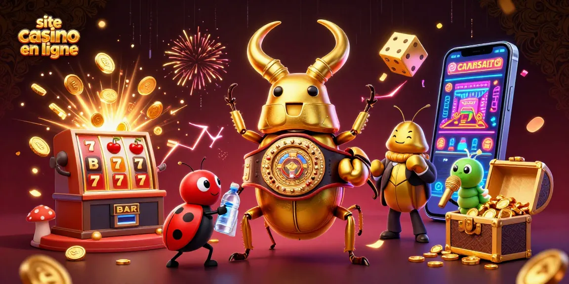 site casino en ligne : illustration dynamique d'un scarabée en ceinture de champion, entouré d'éléments de casino.