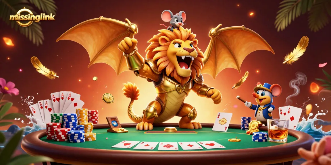 Experience thrilling poker action with missinglink's dynamic casino scene featuring a roaring chimera and massive chip towers.
