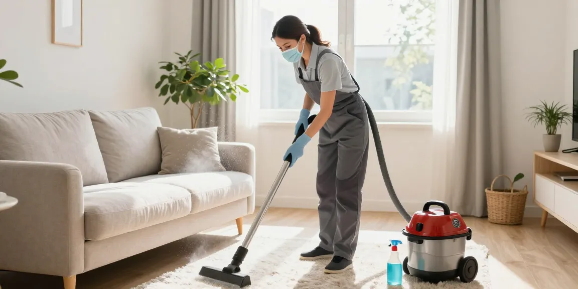 Upholstery steam cleaners in action as a professional cleans a fabric sofa in a sunlit living room, showcasing effective cleaning techniques.