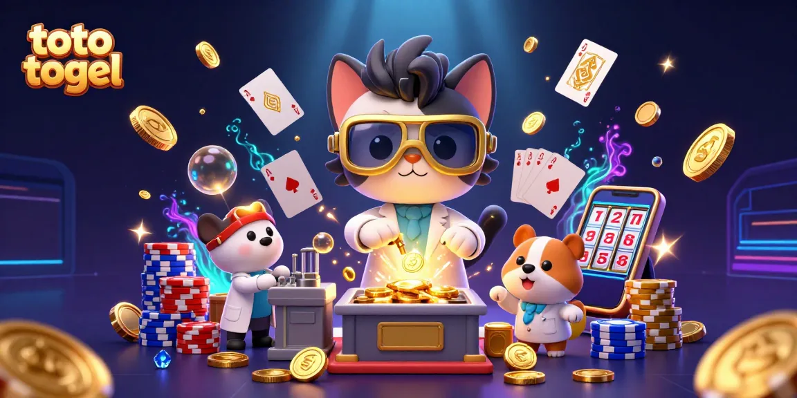 Engage with the thrilling toto togel experience featuring a mad scientist cat and loyal dog in a vibrant casino lab.