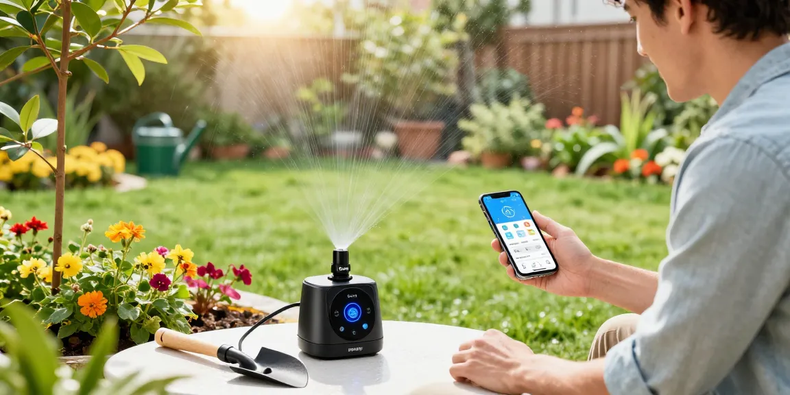 Homeowner configuring rainpoint automatic watering system in a vibrant garden.