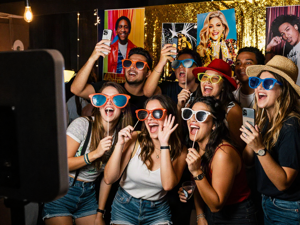 Friends having fun in a vibrant photo booth while discovering who they look like celebrities.