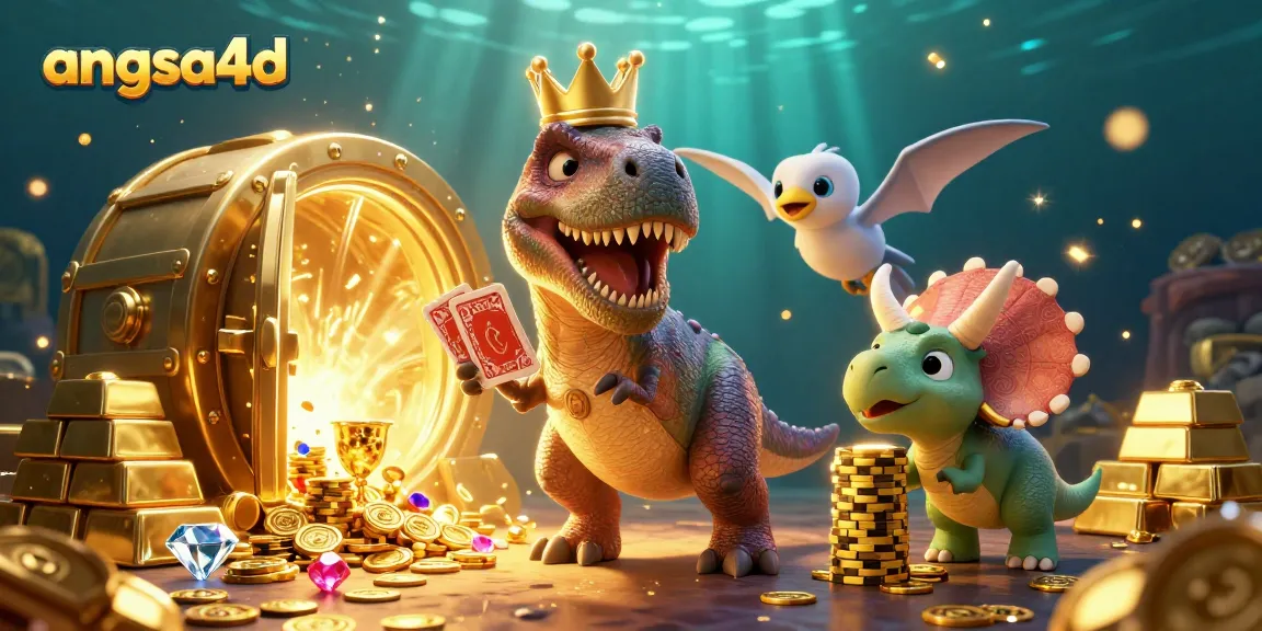 Win big with angsa4d while watching a T-Rex shuffle cards amidst a treasure-filled casino scene!