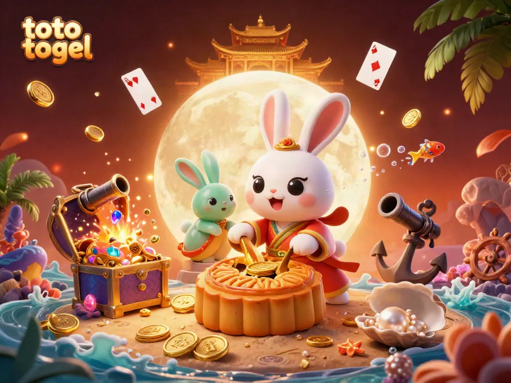 Engage in thrilling toto togel gameplay alongside a whimsical moon rabbit and vibrant casino elements.