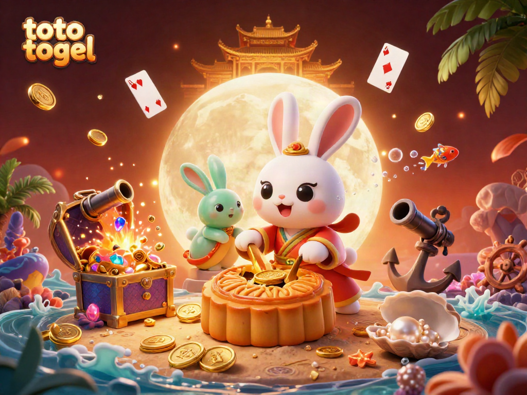 Engage in thrilling toto togel gameplay alongside a whimsical moon rabbit and vibrant casino elements.