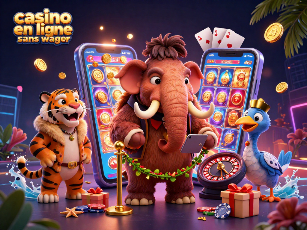 Jouez au casino en ligne sans wager avec des personnages animés dans une scène festive remplie de jeux.