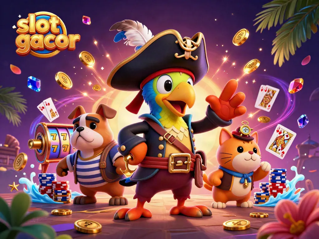 Mengalami bermain slot gacor dengan karakter lucu dan elemen kasino dalam ilustrasi 3D yang dinamis.