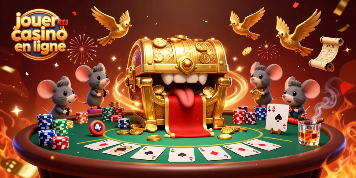 Jouer au casino en ligne avec une illustration dynamique de personnages de casino entourés d'éléments de jeu captivants.