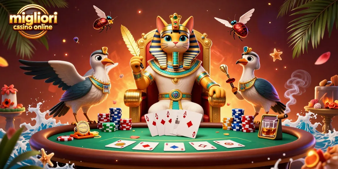 Migliori casino online: un'illustrazione dettagliata di un gatto faraone egiziano con elementi di gioco e atmosfera vibrante.
