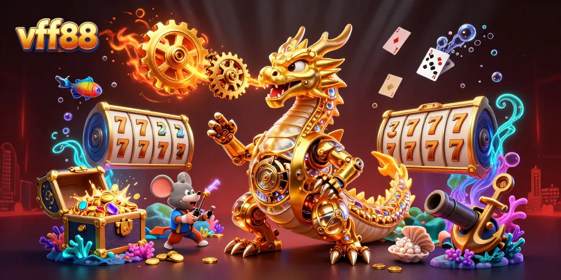 Immerse in the vibrant world of vff88 with an explosive 3D casino scene showcasing slot reels, treasure chests, and dynamic gameplay.