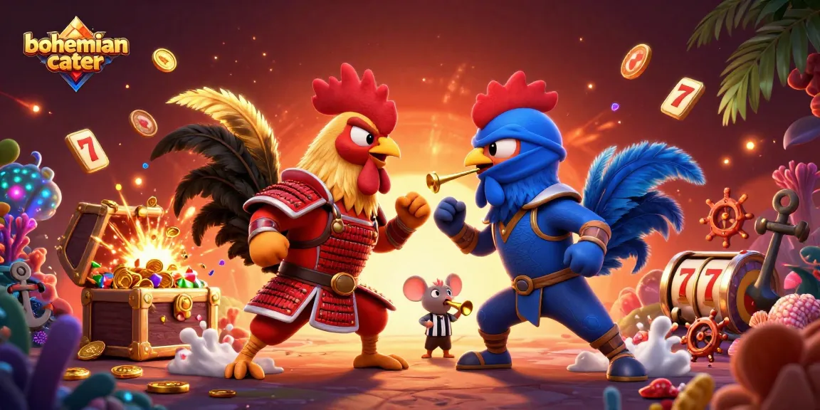 Engage with bohemiancater's vibrant casino-themed scene featuring dynamic gambling elements and cartoon roosters.