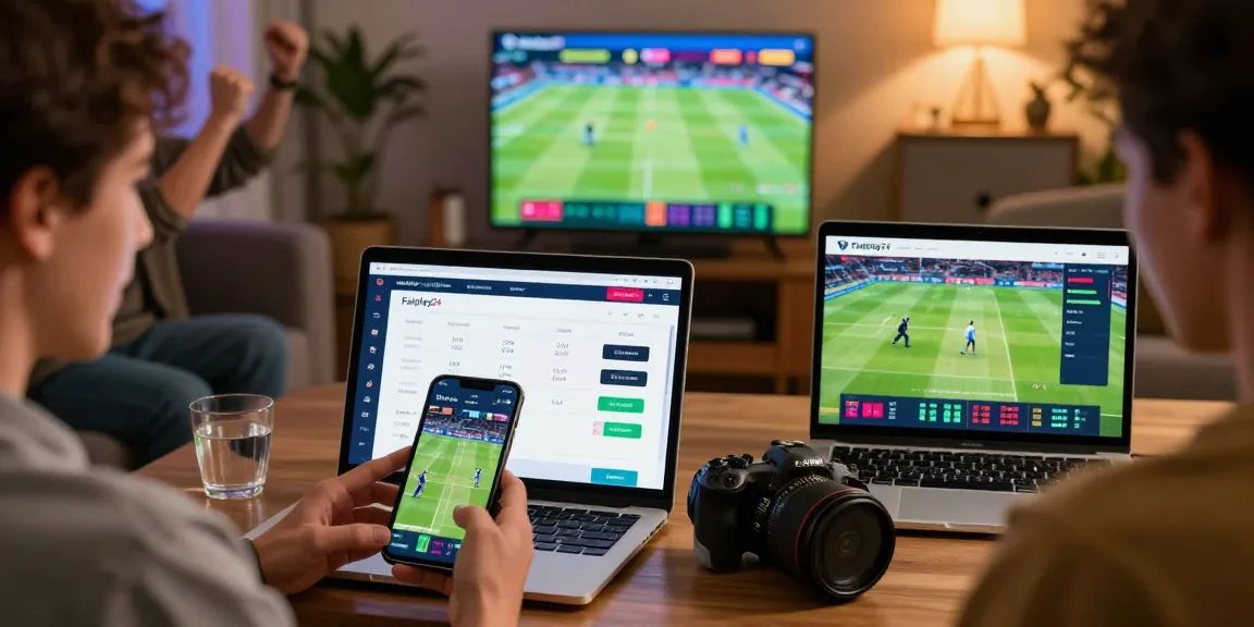Engaging scene depicting Fairplay24 online betting on devices, showcasing live cricket betting excitement.