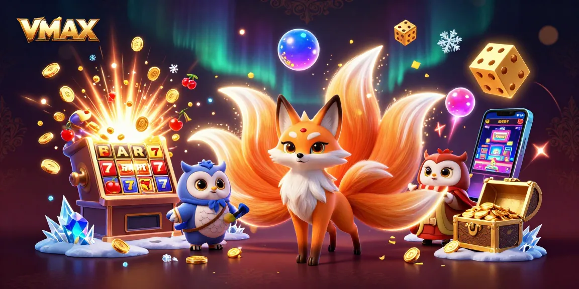 VMAX showcases a vibrant casino scene with a nine-tailed fox spirit and jackpot features.