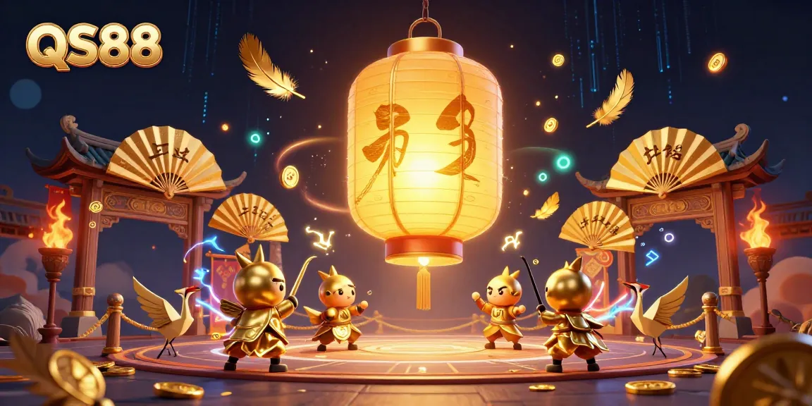 Experience the thrill of QS88 with vibrant golden lantern spirits and dynamic casino elements.