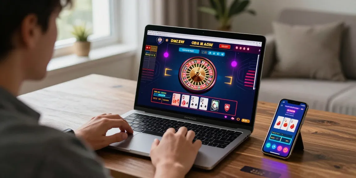 Engaged user enjoying 鉅城娛樂城 live dealer game on laptop, vibrant casino atmosphere.