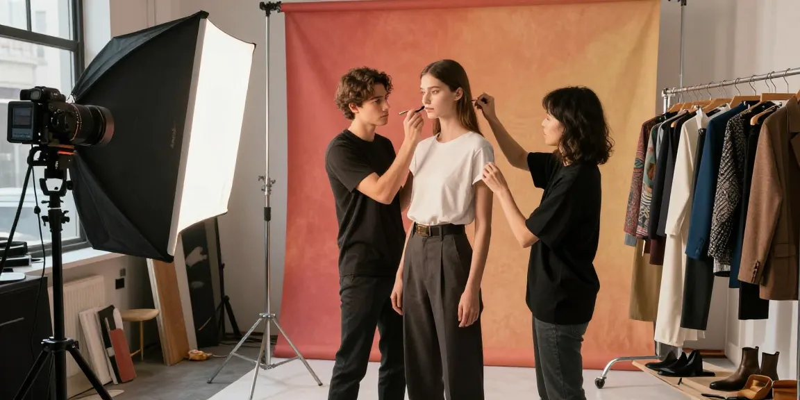 Book photographique Milan : modèle en séance photo avec stylist et maquilleur dans un studio urbain.