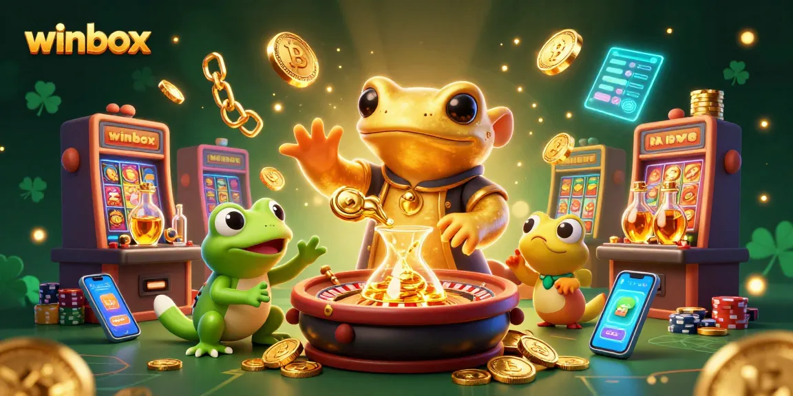 Experience wins with winbox in this vibrant casino scene featuring a golden alchemist and froggy apprentice.