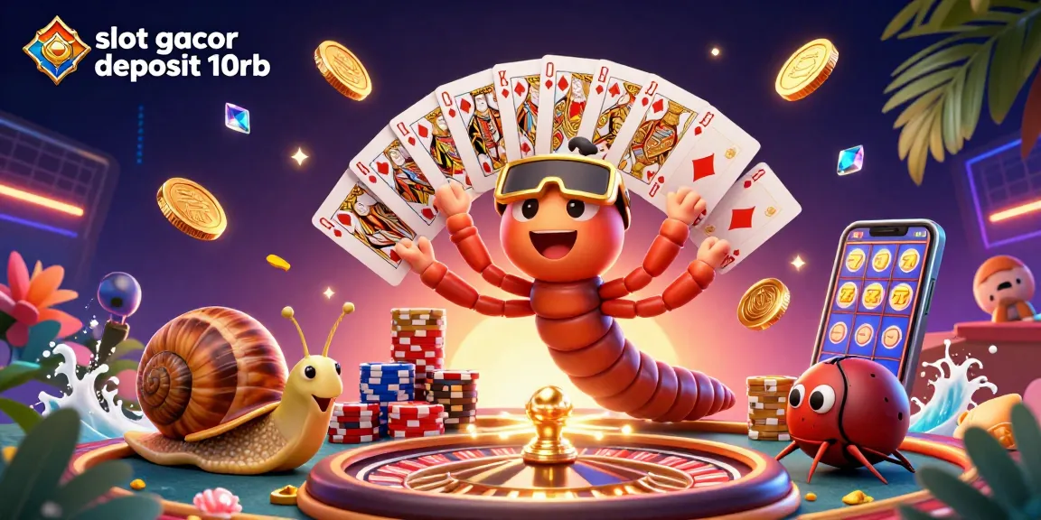 Experience thrilling gameplay with "slot gacor deposit 10rb" featuring a cartoon millipede dealer, lively playing cards, and spinning roulette.