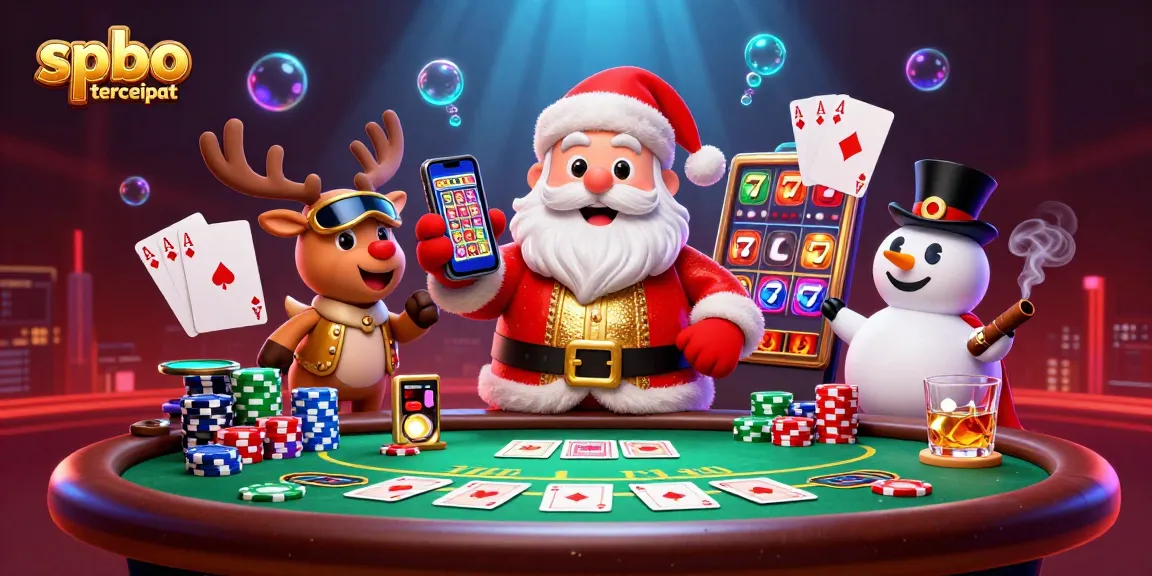 Engage with spbo tercepat through this vibrant 3D casino scene featuring Santa, a reindeer dealer, and a poker chip snowman.