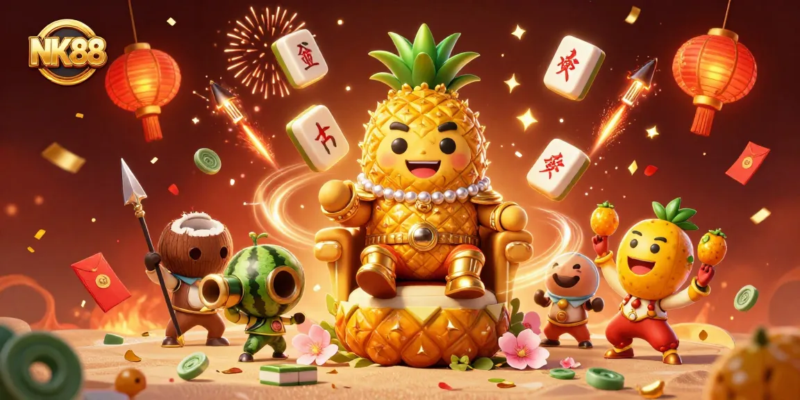 NK88's dynamic casino scene showcases the golden pineapple king and festive elements of online gaming.