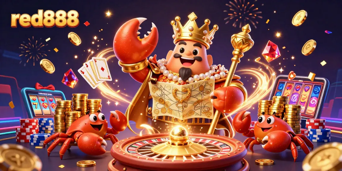 Experience the thrill of red888 with a golden crab emperor amid casino riches.