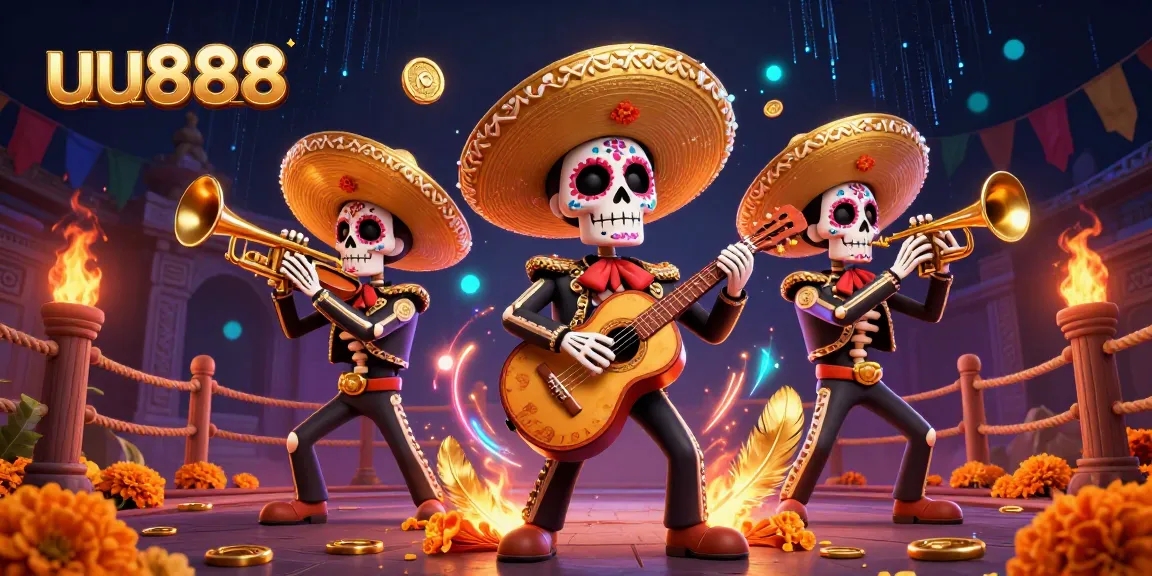 Win big with uu888 in a vibrant virtual casino scene featuring energetic mariachi characters.
