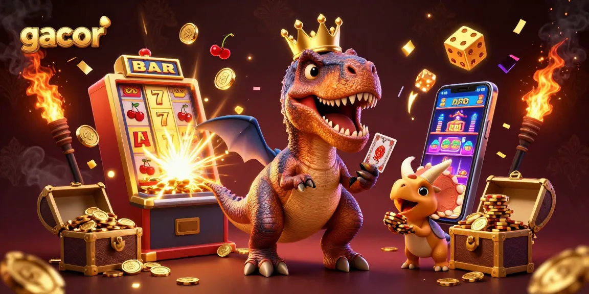 Engage with gacor slots as a T-Rex shuffles cards with a pterodactyl's assistance amidst golden casino elements.