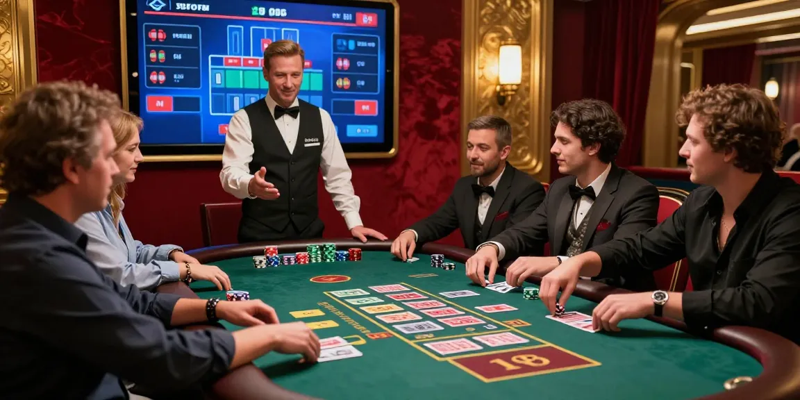 Baccarat Online game in a luxurious casino setting with players placing bets and engaging with a professional dealer.
