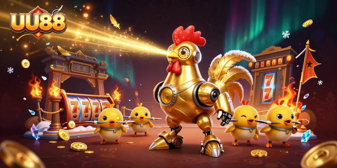 UU88 illuminates the gaming arena with a golden rooster robot shooting beams, jackpot excitement awaits.
