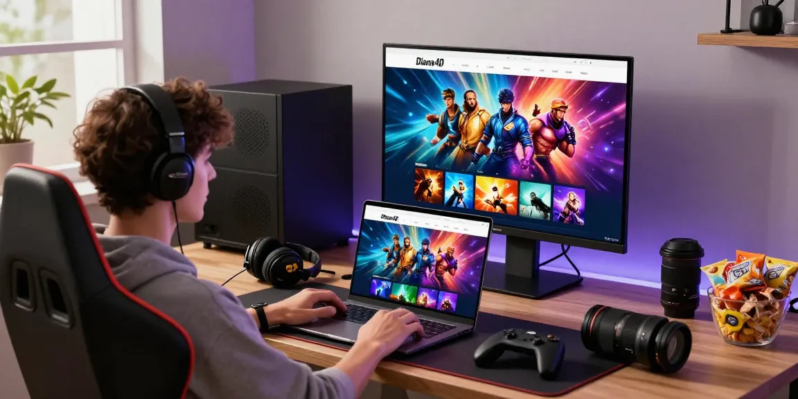 Diana4D platform permainan online dengan pengguna menikmati permainan di laptopnya, menampilkan antarmuka yang cerah dan menarik.